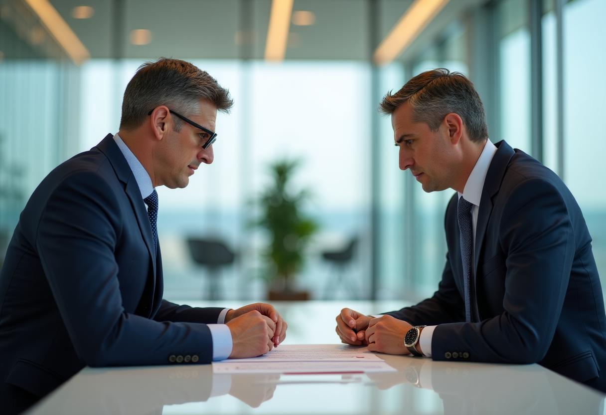 Two professionals in a modern office environment engaged in a focused contract negotiation session